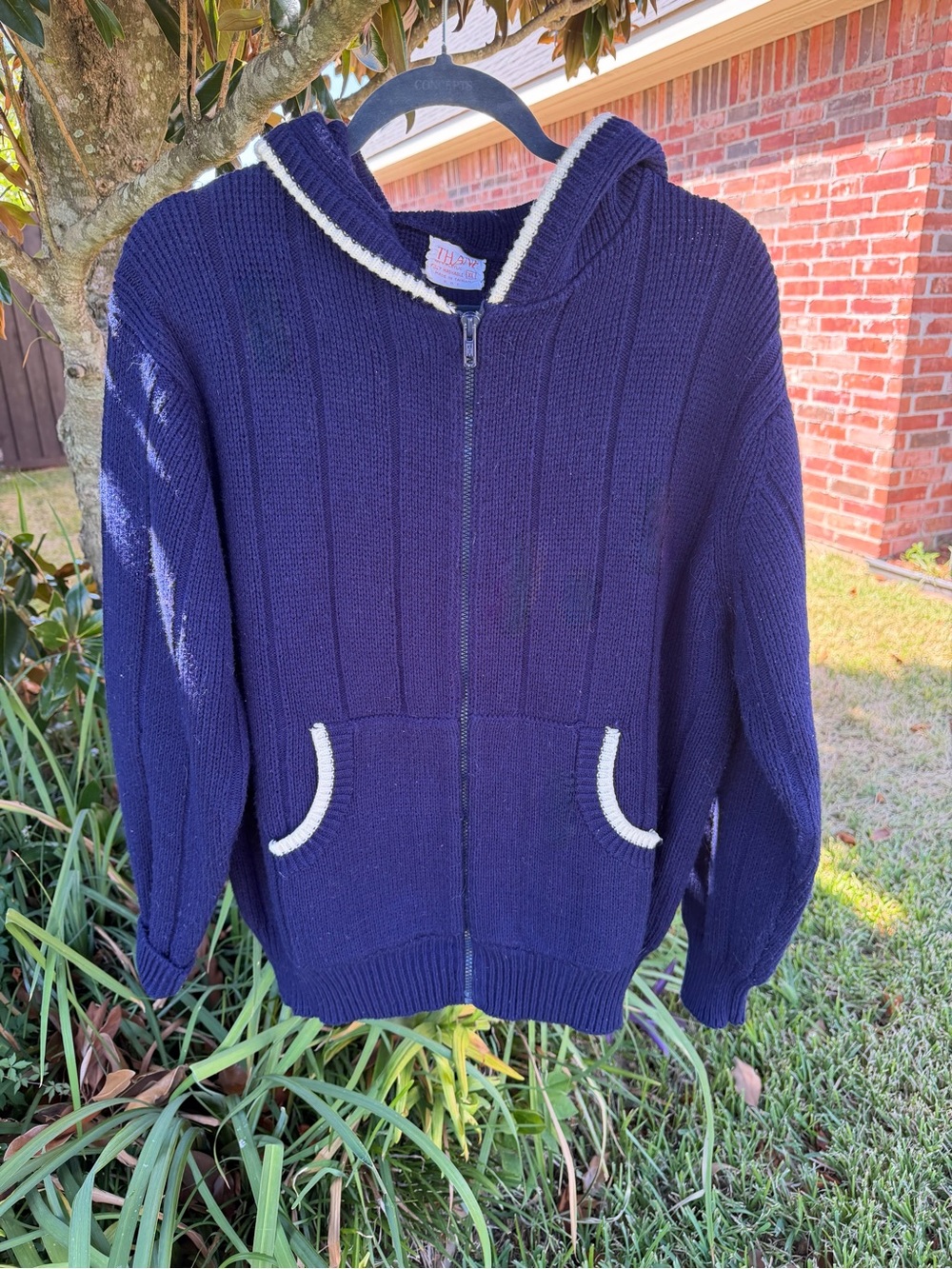 Vintage Thane XL Navy Ribbed Knit Full Zip Hooded Sweater Made in Taiwan